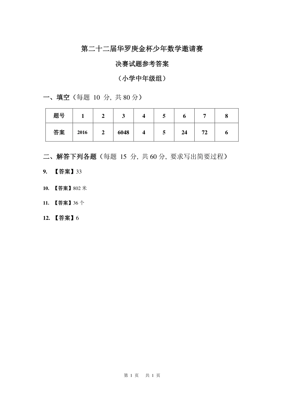 第二十二届华罗庚金杯少年数学邀请赛决赛小中组答案.pdf_第1页