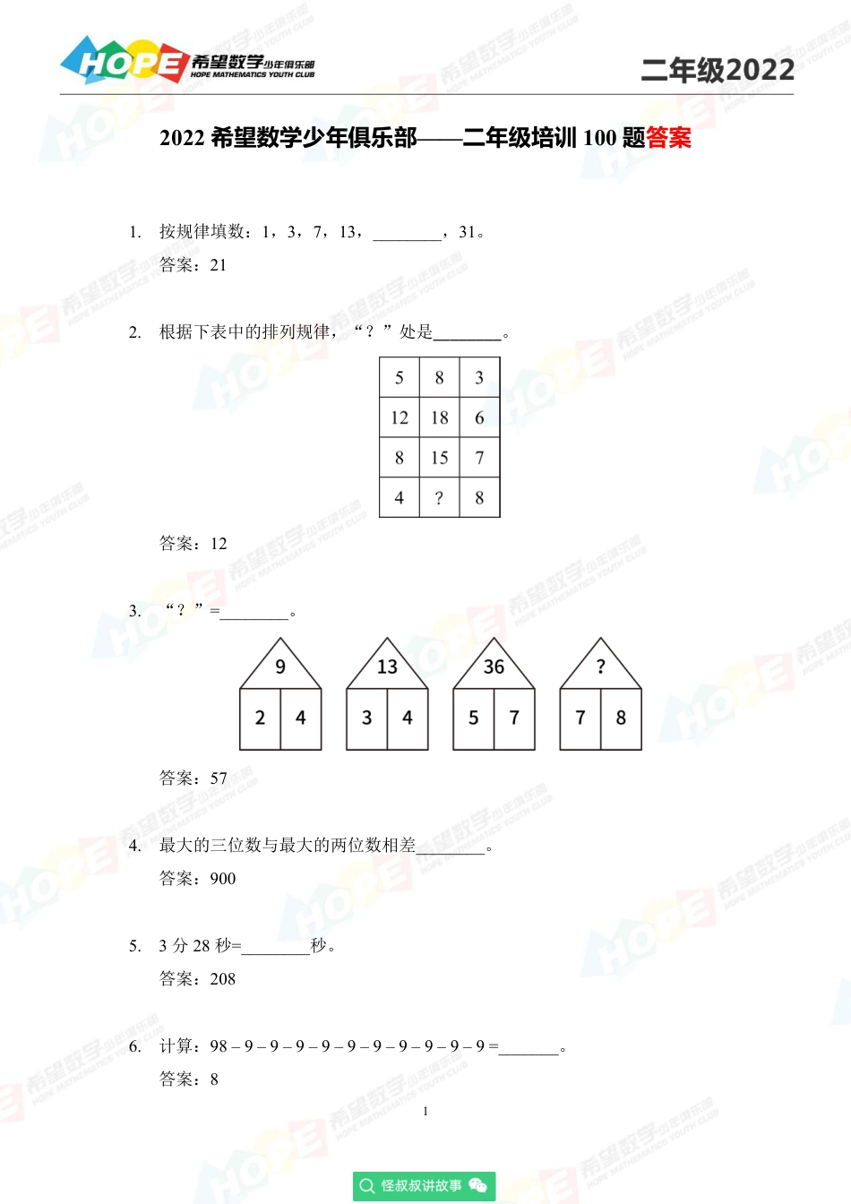 2022希望数学少年俱乐部培训题2年级-答案版.pdf_第1页