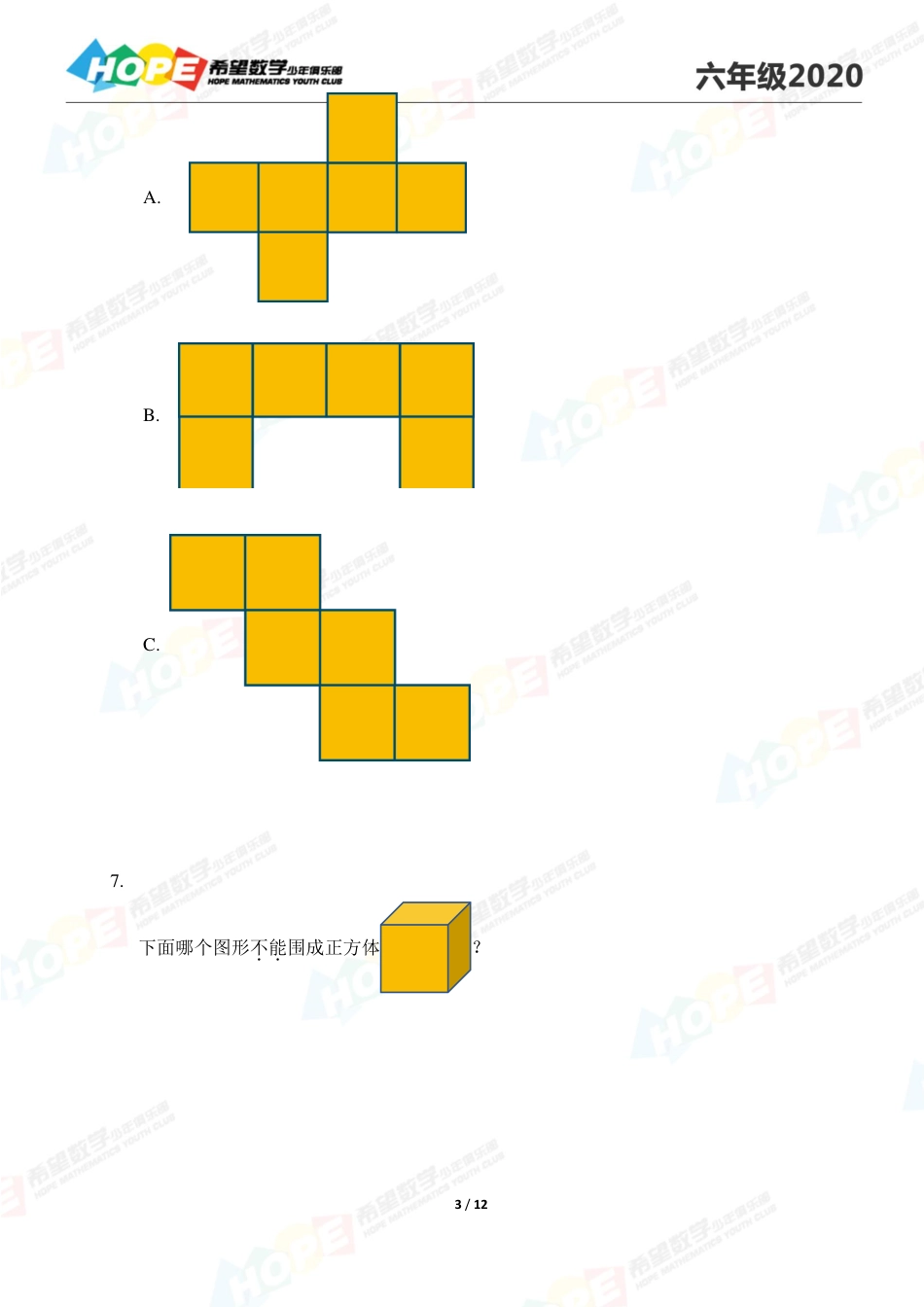 希望数学2020思维挑战真题六年级 .pdf_第3页