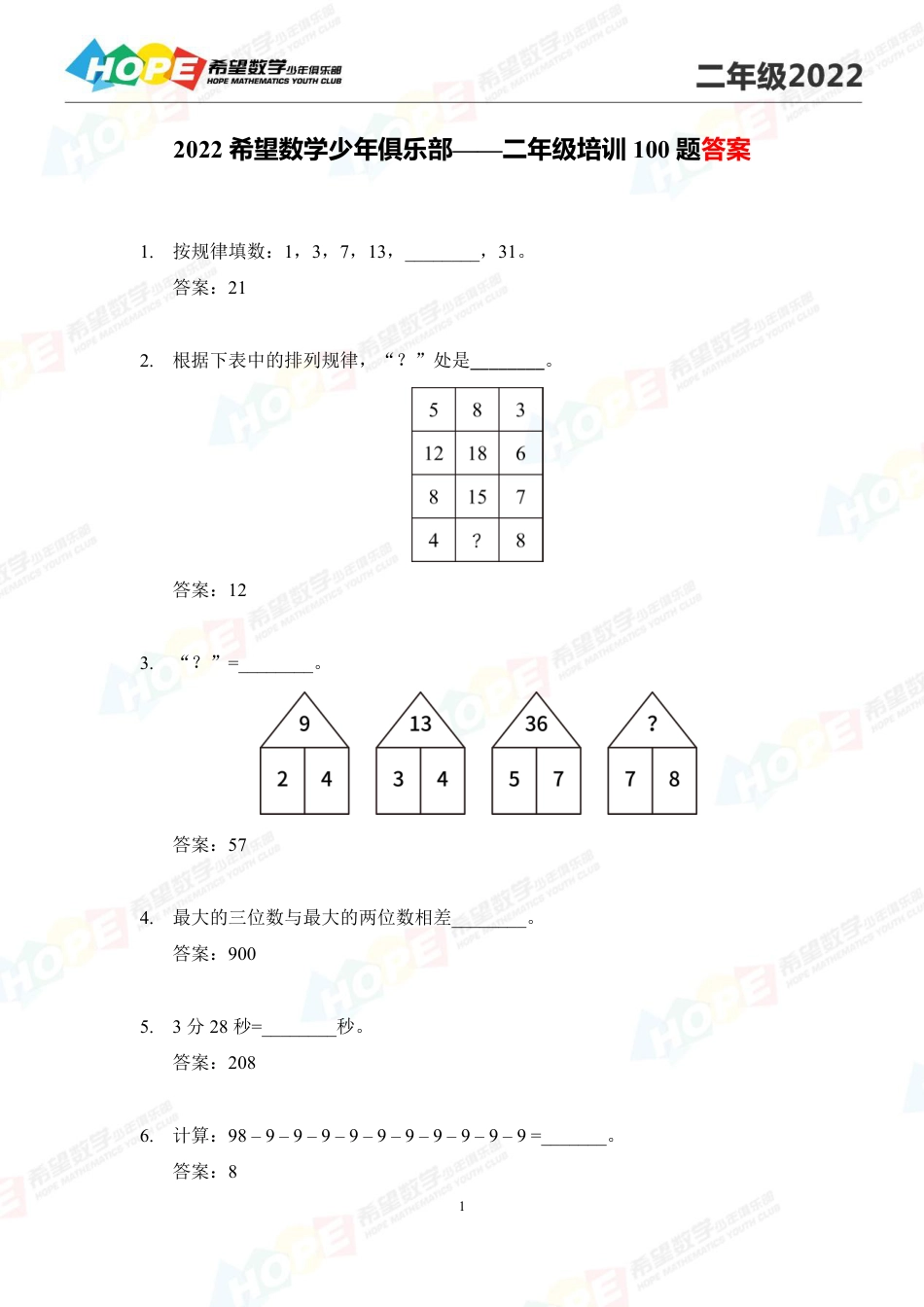 希望数学少年俱乐部2022培训题2年级-答案版.pdf_第1页