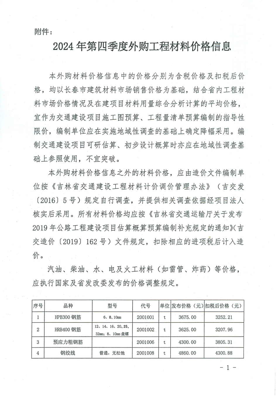 吉林省交通运输厅2024年第四季度外购工程材料价格信息.pdf_第1页