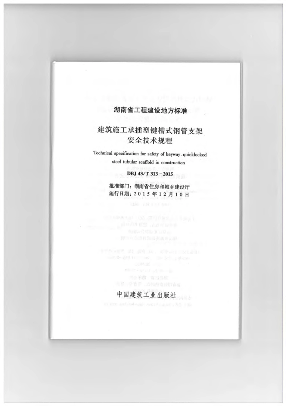 DBJ 43T 313-2015 建筑施工承插型键槽式钢管支架安全技术规程.pdf_第1页